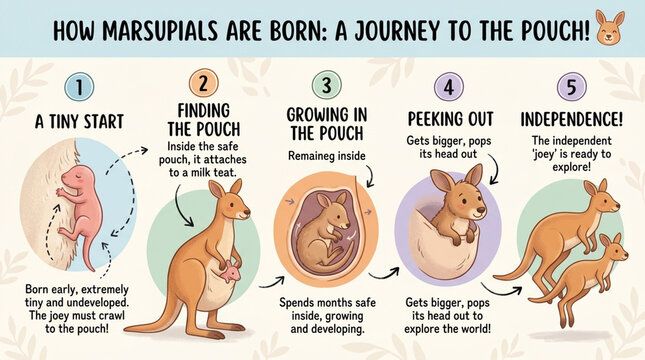 Educational Infographic of Marsupial Life Cycle and Kangaroo Joey Development