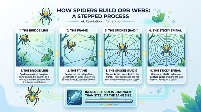 Educational Infographic Showing How Spiders Build Orb Webs Step-by-Step Illustration