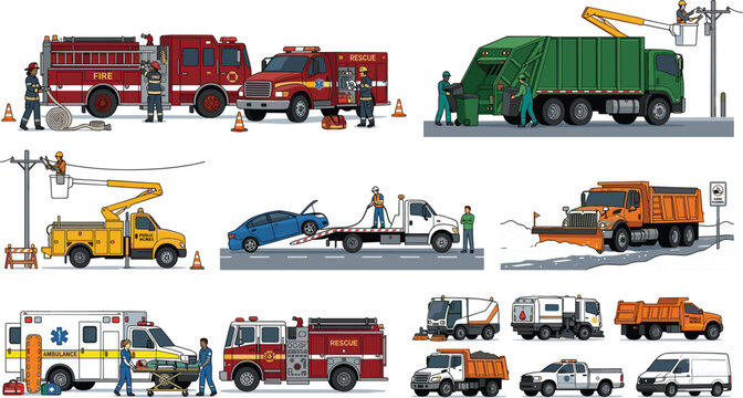 Municipal emergency vehicles and public service equipment set featuring fire truck ambulance garbage truck bucket truck snowplow tow truck vector illustration