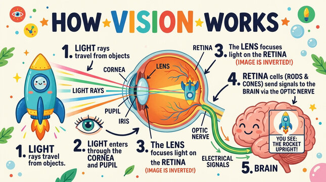 Educational Infographic Diagram Explaining How Human Vision Works with Eye Anatomy