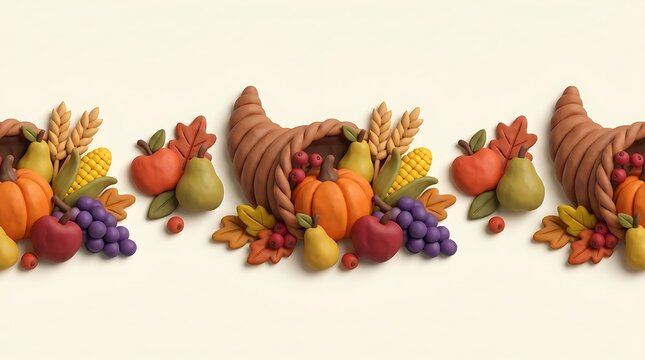 Seamless border pattern featuring traditional thanksgiving cornucopia filled with autumn harvest fruits and colorful fall leaves