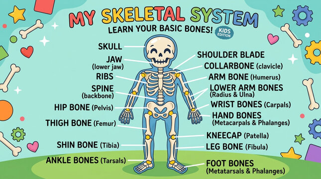 Educational Human Skeletal System Diagram for Kids with Basic Bone Names Cartoon Illustration