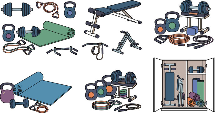 Home gym equipment and fitness workout set featuring dumbbells kettlebells weight bench yoga mat resistance bands and storage cabinet vector illustration