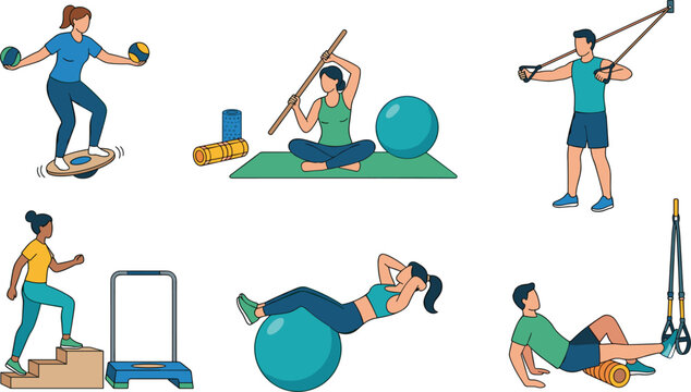Physical therapy and rehabilitation exercise set featuring balance board foam roller swiss ball resistance bands step platform and suspension trainer vector illustration