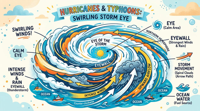 Anatomy of a Hurricane and Typhoon Infographic Showing Swirling Storm Eye Eyewall and Wind Direction Weather Science Illustration