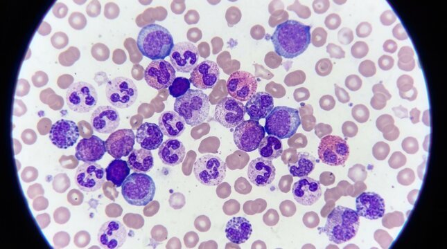 Microscopic View Of Blood Cells Showing Diverse Cell Types And Structures