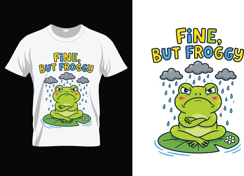 Grumpy Frog Sitting on Lily Pad in Rain Cartoon T Shirt Design- Fine but froggy T Shirt Design