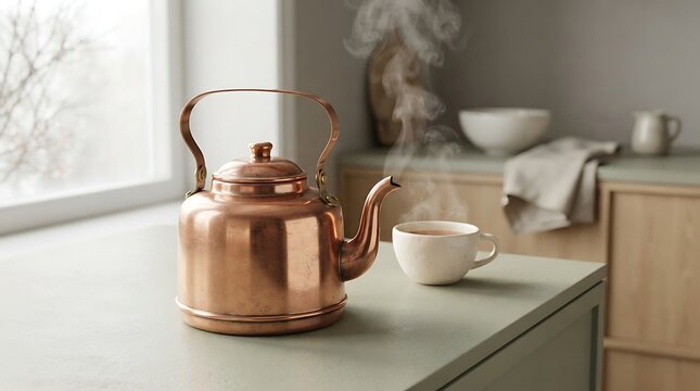 copper kettle on kitchen counter with steaming cup