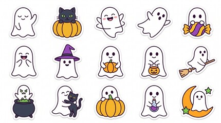 Obraz premium Cute Halloween 2026 kawaii ghost sticker pack vector illustration set featuring friendly ghosts with carved pumpkins, black cats, witch hats, magic potions, and candies isolated on a clean white backg
