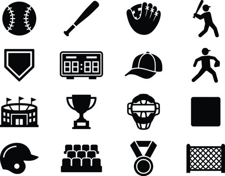 Set of black icons representing baseball equipment, scoreboard, stadium, and player actions.
