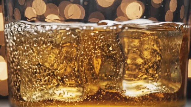 Amber whiskey pouring over ice in glass with bokeh background