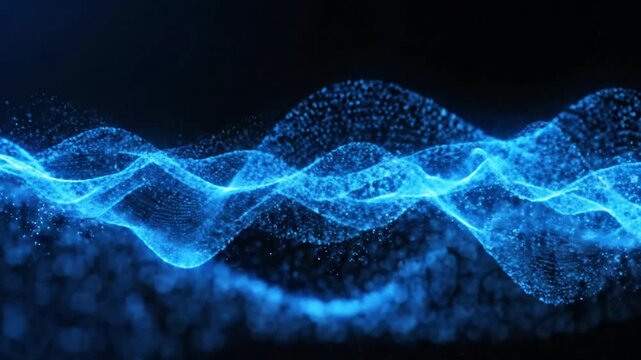 Abstract blue light particles streaming across dark space