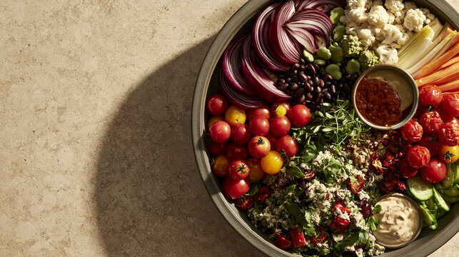 Overhead view of vibrant vegetable platter with grains and dips on textured background.
