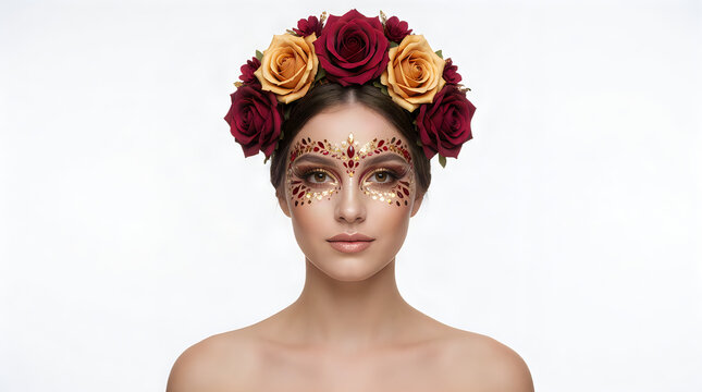 Young woman wearing a vibrant floral rose crown and glittery facial makeup art.