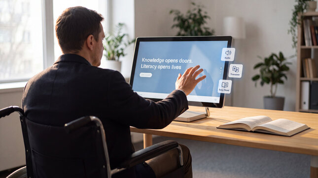 A man in a wheelchair using a computer with digital accessibility tools like audio, translation, and easy read features to promote education and literacy.