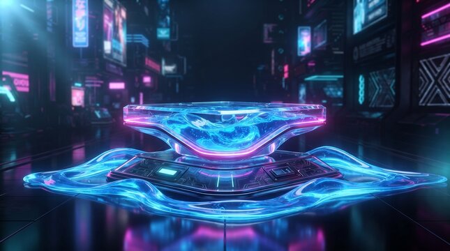 Futuristic Liquid Podium with Neon Blue Pink Glow, a premium cyberpunk stage surrounded by flowing transparent water and vibrant holographic reflections.