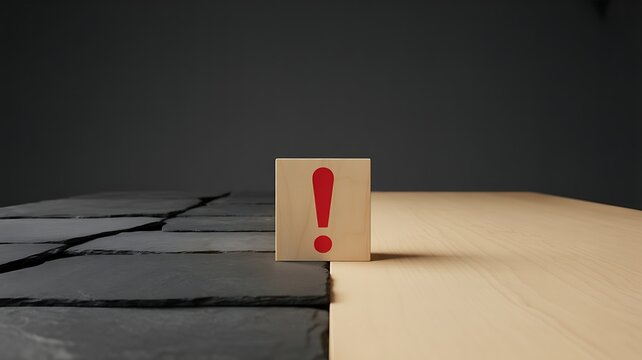 A red exclamation mark on a wooden cube placed between dark slate stone and light wooden surface