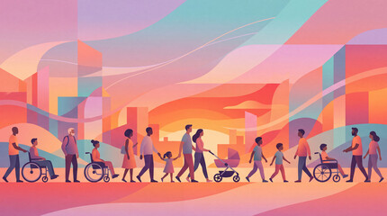 Fototapeta premium An abstract, colorful illustration depicting a diverse group of people, including individuals in wheelchairs, families, and children walking in a vibrant city.