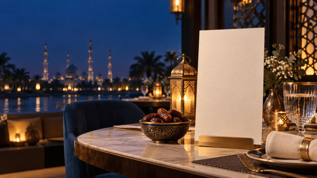 Blank Ramadan iftar menu card on elegant restaurant table