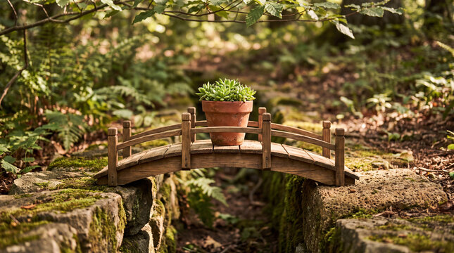 A small decorative wooden bridge rests over a mossy rock creek, featuring a potted succulent plant as the centerpiece in a lush, natural forest environment.