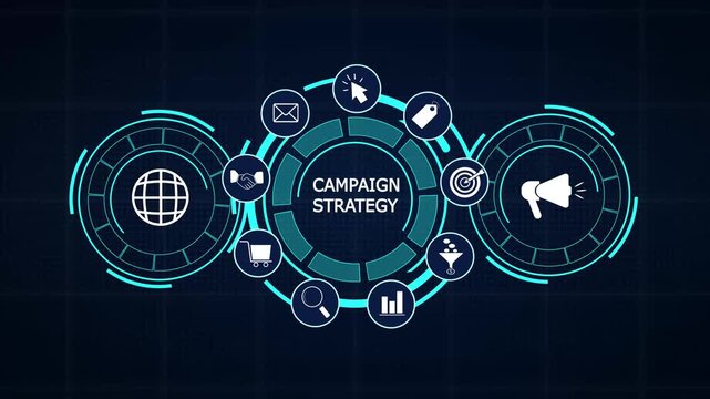 Campaign strategy planning interface presenting marketing roadmap statistics and futuristic business hud charts