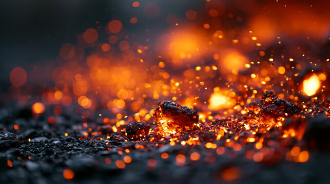 Red hot fiery embers and glowing sparks scatter over dark ground.