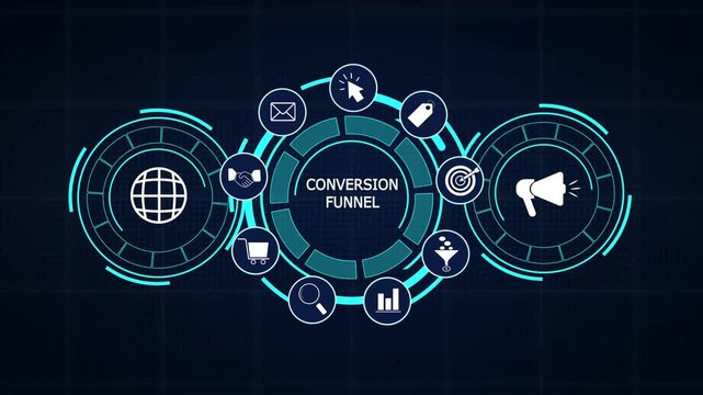 Conversion funnel sales tracking display UI showing customer journey metrics and interactive marketing analytics graphs
