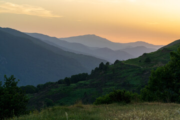 Fototapeta premium Rolling ridgelines stretch toward a glowing orange horizon as dusk settles over a scenic alpine mountain valley. Dense green shrubs and trees cover the foreground hills beneath the fading daylight