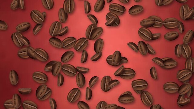 Roasted Coffee Beans Falling Over a Vibrant Red Background