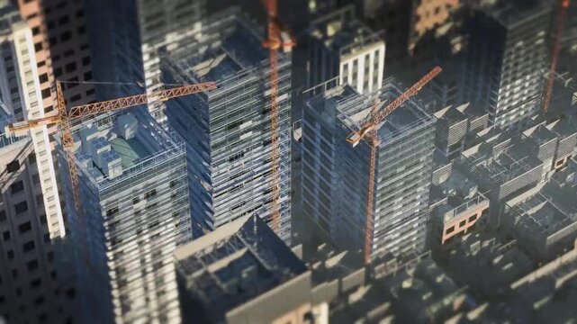 Loop tilt shift miniature effect aerial view circling a dense urban high rise development project with multiple tower cranes and modern architecture