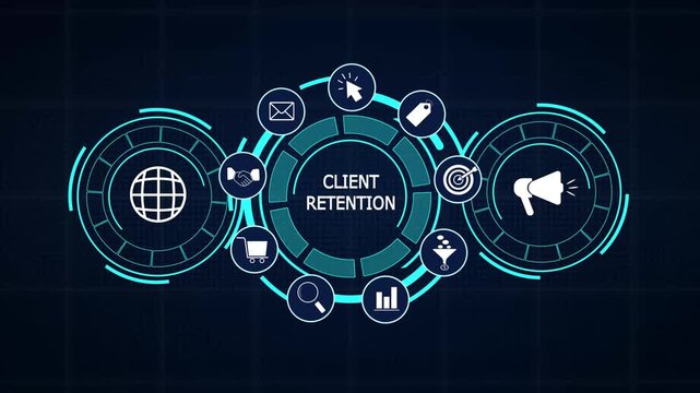 Futuristic business retention management dashboard displaying long term partnership indicators and digital visual icons