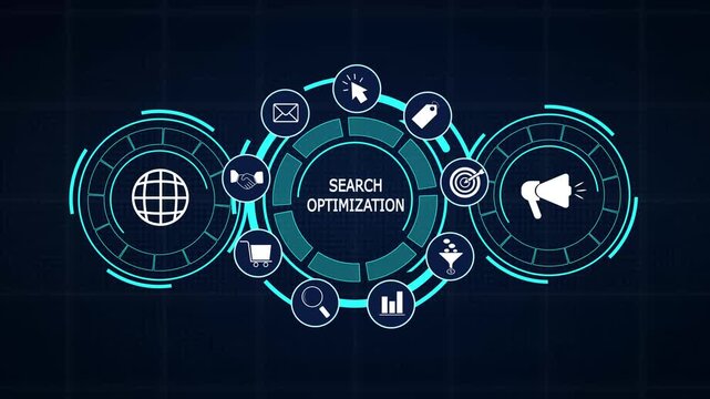 Search optimization analytics platform displaying search engine visibility metrics and corporate ranking HUD chart elements