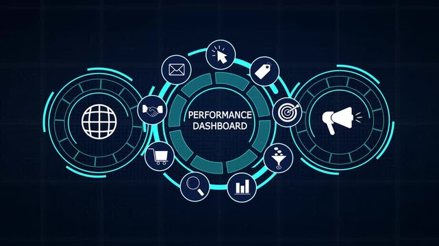 Performance dashboard UI concept displaying real time key productivity metrics alongside futuristic business network HUD icons