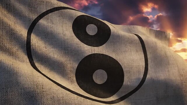 Waving fabric flag with circular symbol against sunset sky