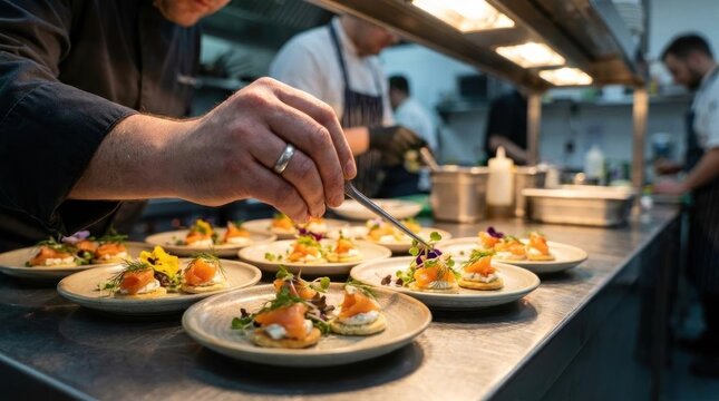 Chef plating gourmet seafood appetizers in commercial kitchen.