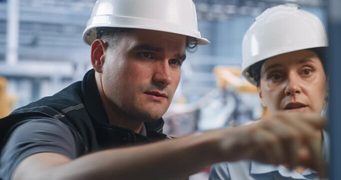 Colleagues Analyze Metal Part Uses Caliper, Debating Discrepancies Against Computer CAD Blueprints. Teamwork, Quality Inspection Drive Efficiency in Automated Car Manufacturing Plant. Quality Control.