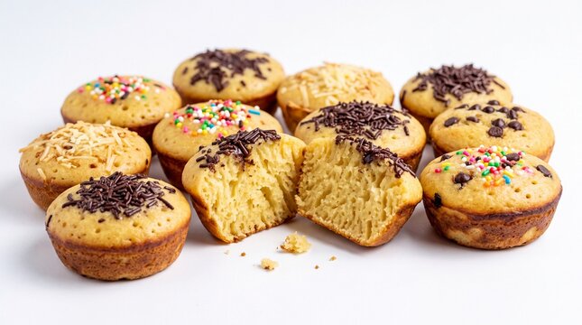 Assorted homemade mini cupcakes and muffins with various toppings on a white background