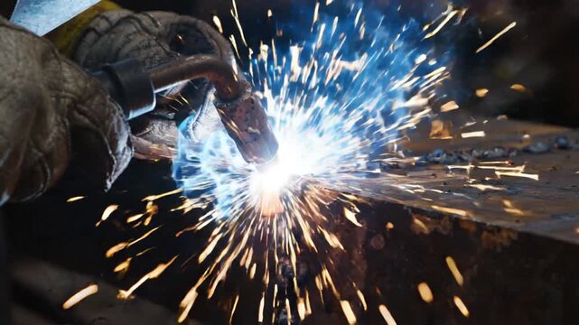Industrial worker welding metal with bright sparks in factory