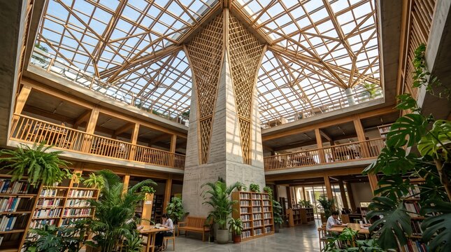Breathtaking Interior Architectural Design of a Modern Sustainable Library Flooded with Natural