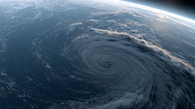 Satellite view of intense hurricane storm spinning over deep blue ocean illustrating powerful climate weather patterns.