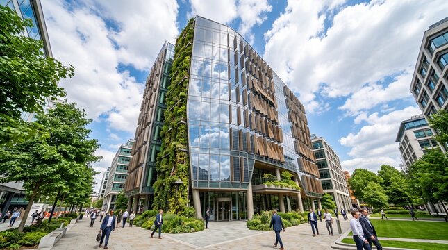 Modern architectural marvel featuring a vertical garden and glass facade in a bustling urban