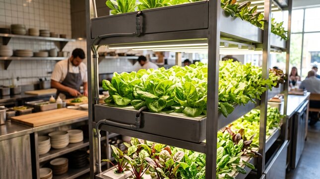 Restaurant Kitchen Cultivating Fresh Greens Indoors Hydroponically for Optimal Produce