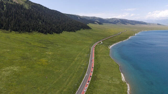 Aerial Scenic Road Along Sayram Lake Shore in Xinjiang China