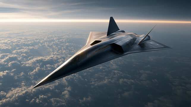 Sleek supersonic stealth fighter aircraft flying high above clouds at sunset for military aerospace.