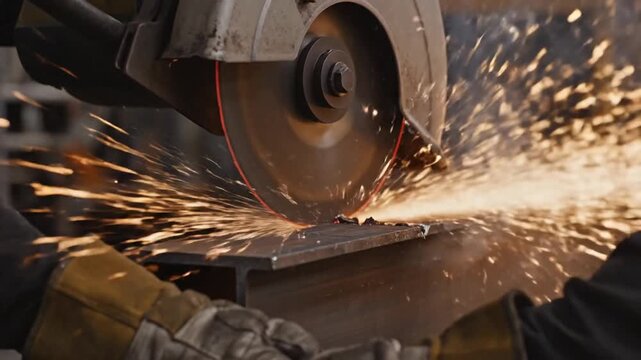 Intense close up of a heavy duty metal beam being sliced by a spinning industrial rotary saw with bright spark flying in a workshop environment during fabrication process.