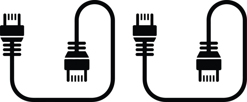 Ethernet cable icon illustration in solid and outline styles with ethernet connector, networking vector symbol for internet connection, computer networks, data transfer, and technology graphics.