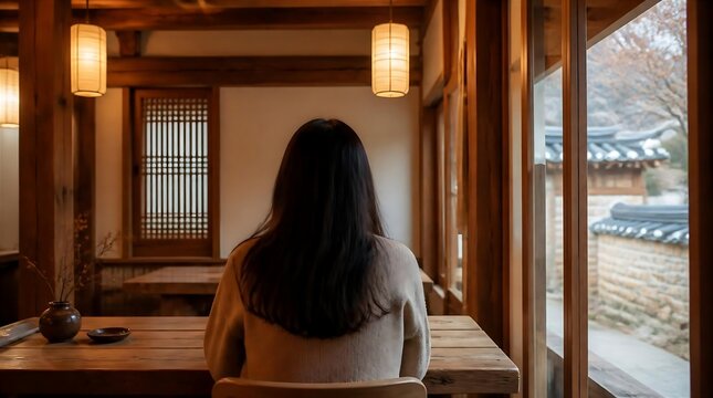 Back View Of Woman Sitting In Traditional Korean Hanok Cafe Interior Looking At Garden