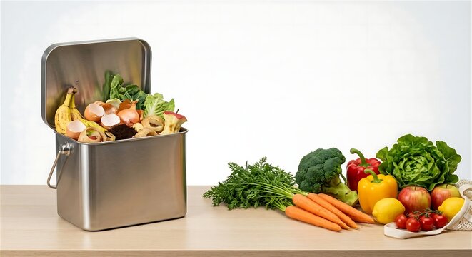 Kitchen Compost Bin With Food Scraps And Fresh Vegetables On Wooden Table Concept