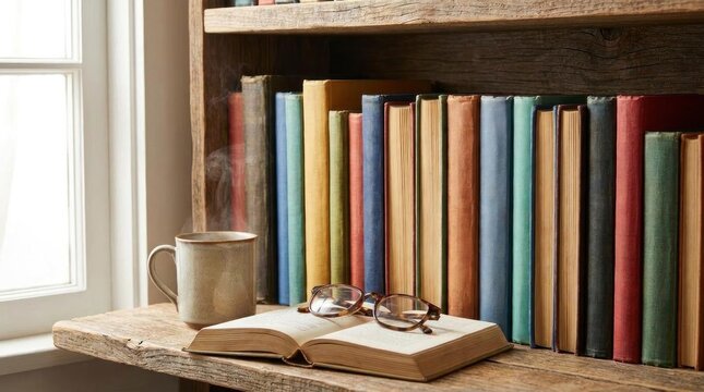 Bookshelf with reading glasses and open book.