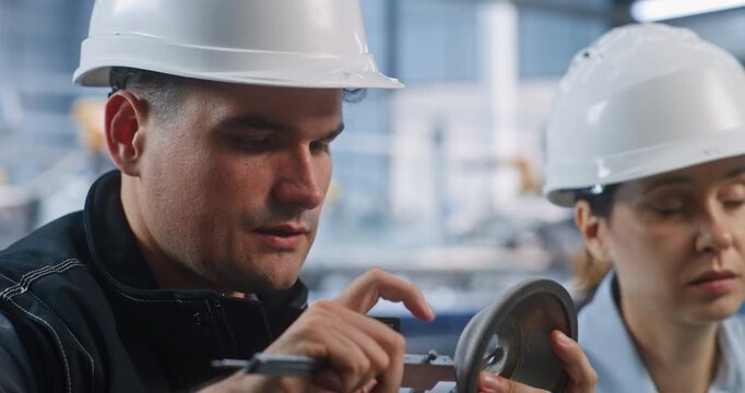 Male And Female Factory Specialists Examine Measured Metal Component And Discuss Results Near Digital Monitoring Station. Teamwork, Quality Assurance, Precision Control And Smart Manufacturing.